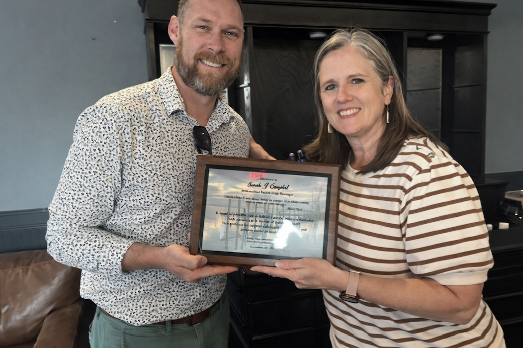 Sarah Campbell marks one year as city manager Fernandina Beach City Manager Sarah Campbell receives a commemorative plaque from Deputy City Manager Jeremiah Glission celebrating her first anniversary with the city. Photo courtesy City of Fernandina Beach