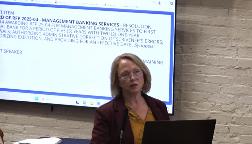 City commissioners reject bank contract renewal, order broader rebid Comptroller Susan Carless presents staff recommendations for the banking contract. Photo courtesy City of Fernandina Beach
