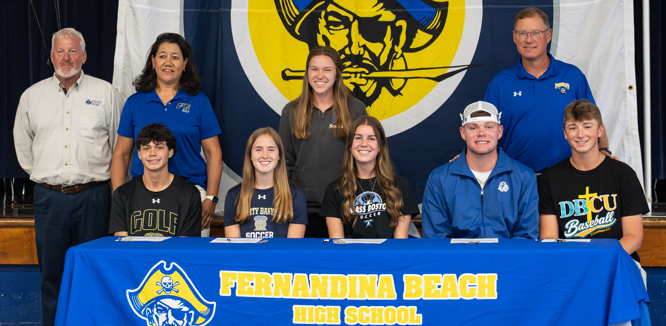 5 Pirates pen to play FBHS had five student-athletes sign national letters of intent April 29 to compete in their respective sport on the college level. They include, seated from left, Brady Steffen (golf), Sarah Benjamin and Charleston Knight (girls soccer), and Lucas Hutchinson and Conner Bayless (baseball). Also pictured are, back row from left, athletic director Mike Woodard, head golf coach Christina Steffen, head girls soccer coach Amy Strozinsky and head baseball coach Jon Shave. Photo by Penny Glackin/Special to Nassau NewsLine