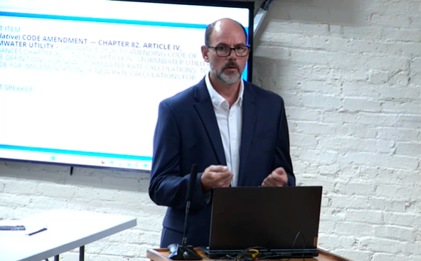 City Commission advances stormwater rate hike, scales back parks study Utilities Director Andre Desilet presents proposed stormwater rate changes to the Fernandina Beach City Commission during its July 7 meeting. Photo courtesy City of Fernandina Beach