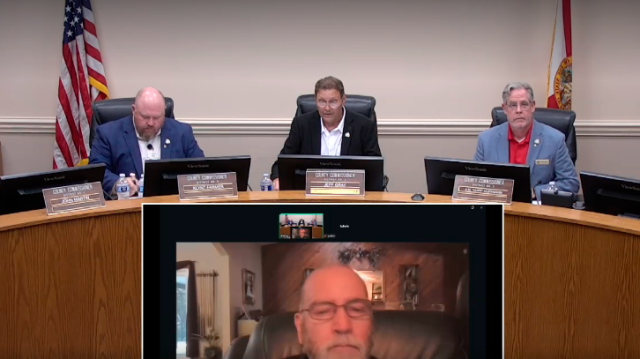 BOCC 8-24-26 From left, Commissioners Klynt Farmer, Jeff Gray and A.M. "Hupp" Huppmann attend the Nassau County Board of County Commissioners meeting Aug. 24 in person, while Commissioner John Martin, bottom, participates remotely. Photo courtesy Nassau County Board of County Commissioners