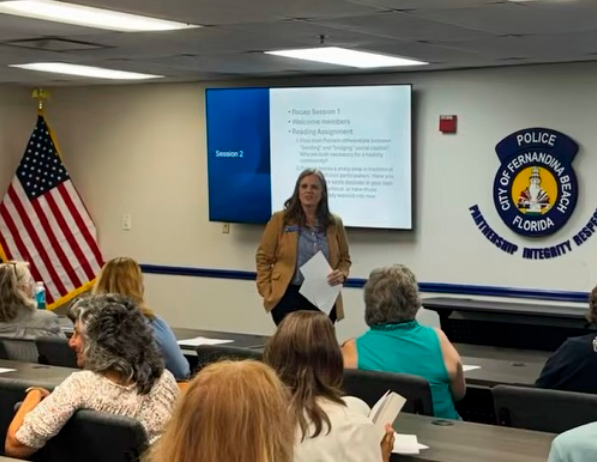 FB Leadership Academy 2026 City Manager Sarah Campbell leads Session 2 of the City of Fernandina Beach's Citizens' Academy at the Fernandina Beach Police Department. Photo courtesy of the City of Fernandina Beach