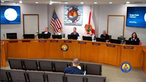 CoFB 9-15-26 Fernandina Beach city commissioners consider the final fiscal year 2026-27 budget and millage rate during the city's second budget public hearing Sept. 15. Photo courtesy City of Fernandina Beach livestream
