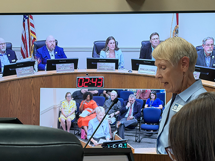 Mary Louise Hester, president of the Fernandina Beach Friends of the Library, addresses commissioners during the Sept. 14 Nassau County budget hearing. Photo by Tracy McCormick-Dishman