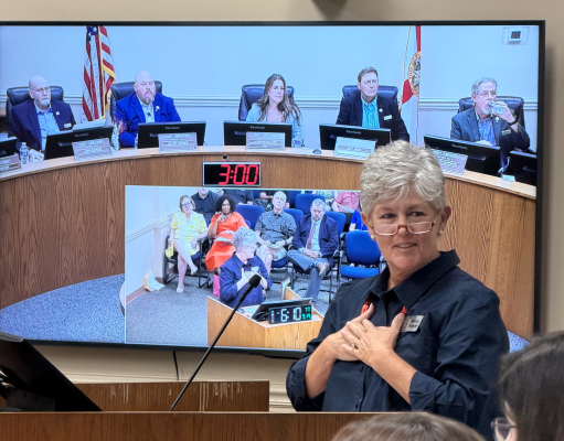 Nassau commissioners adopt tentative budget with library closures, nonprofit cuts, as residents pack meeting to object Nancy Bowyer, president of the Friends of the Yulee Library, addresses the Nassau County Board of County Commissioners during the Sept. 14 budget hearing. Photo by Tracy McCormick-Dishman/Nassau NewsLine
