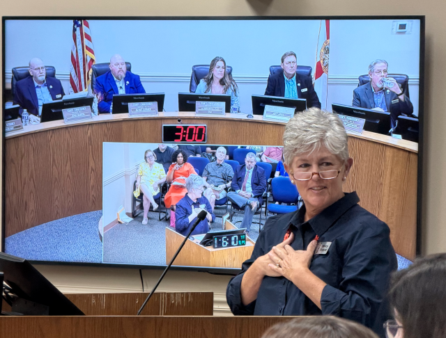 Nancy Bowyer Nancy Bowyer, president of the Friends of the Yulee Library, addresses the Nassau County Board of County Commissioners during the Sept. 14 budget hearing. Photo by Tracy McCormick-Dishman/Nassau NewsLine